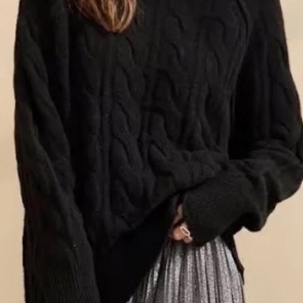 aerie Black Cable Knit Crewneck Sweater